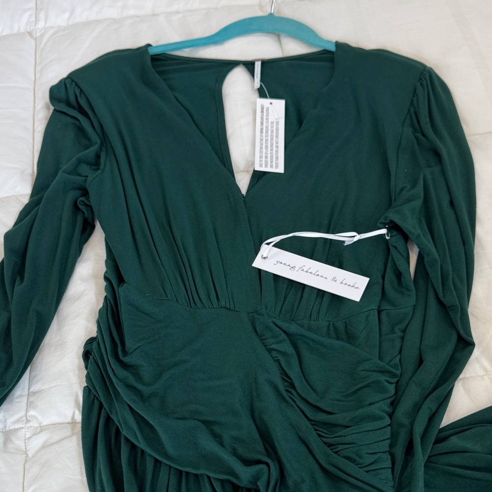 Long Sleeve Dark Green Draped Midi Dress - Picture 2 of 4